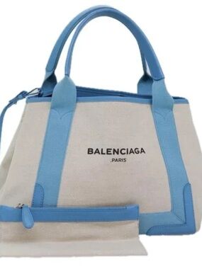 Balenciaga Beige Canvas Tote with Light Blue Trim